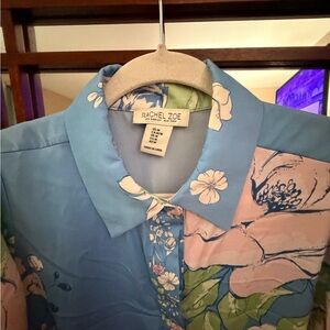 Rachel Zoe Sky Blue Floral Button-Down Shirt with Pink Roses
